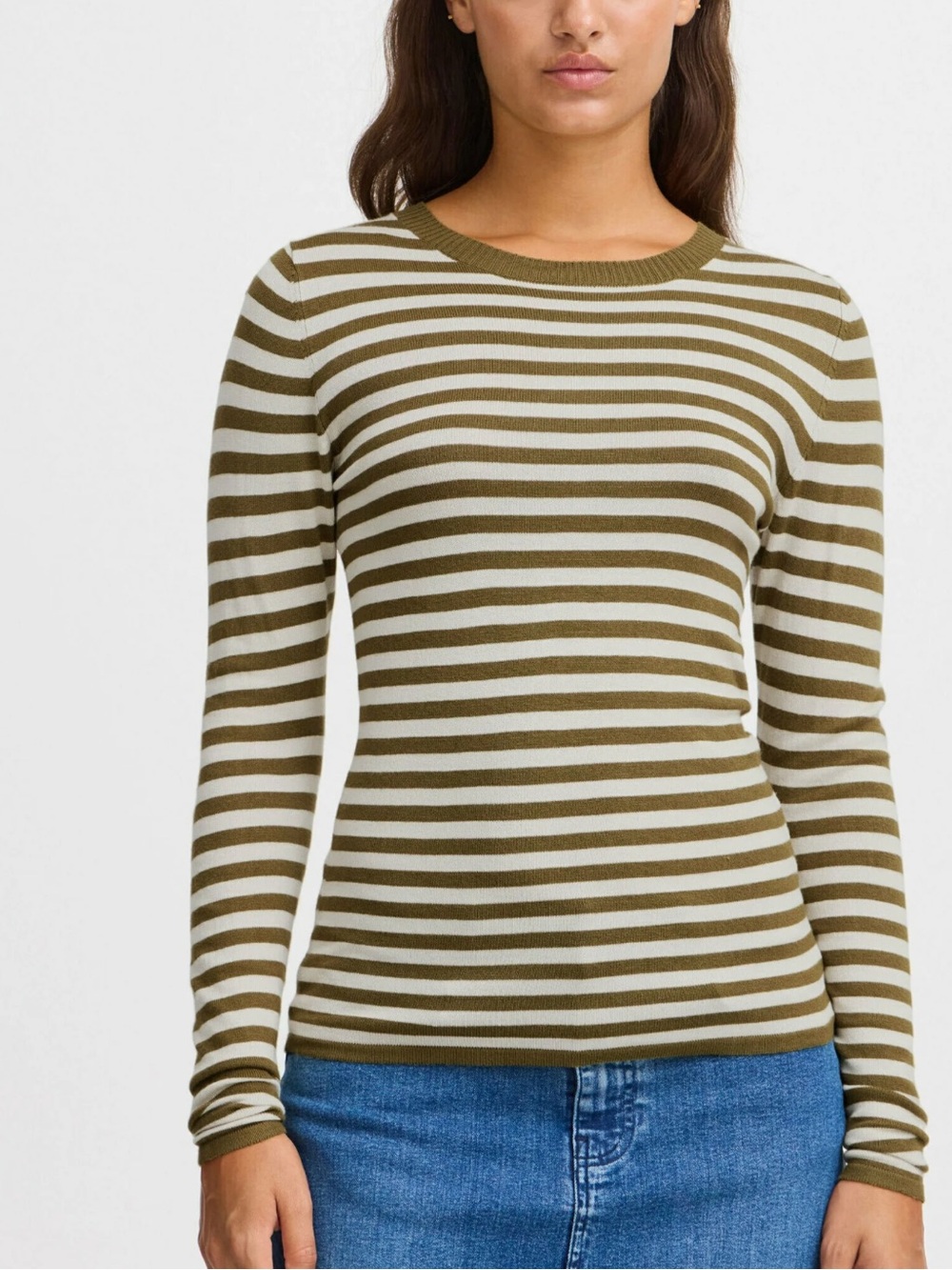Ichi Olive & Cream Stripe Long Sleeve Knit Top